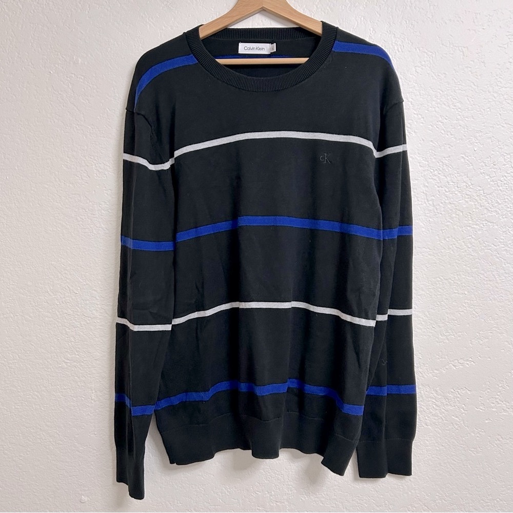 Calvin Klein Black 100% Cotton Striped Knit Crew Sweater, Size L